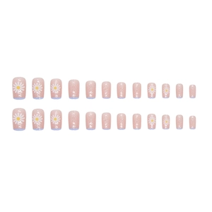 Sparkling mid-length square press-on nails with daisy print and blue French tips