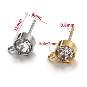 Stainless steel earring studs with clear zircon and small hanging loop for DIY jewelry