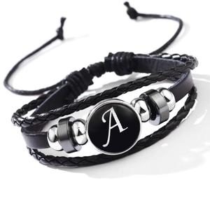 Classic multi-layer leather bracelet featuring a vintage letter A charm and metal beads