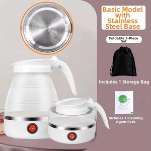 Foldable electric kettle set with storage bag and descaling agent in detail view