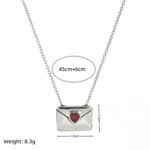 Silver envelope necklace with red heart gemstone and 45cm plus 6cm extension chain
