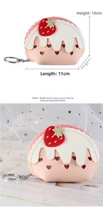 Detailed dimensions of a strawberry cake coin purse with pink heart cutout and key ring