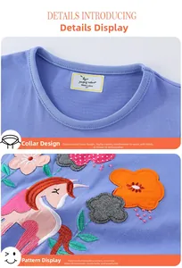 Détail de la broderie licorne et fleurs sur une robe violette à manches courtes pour fille
