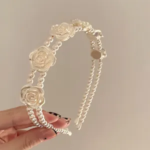 Vintage double layer pearl headband with elegant relief rose flowers in cream white finish