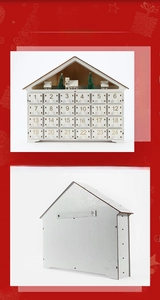 Front and back view of wooden Christmas advent calendar with 24 white numbered drawers