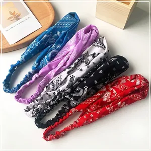 Vintage Paisley Print Wide Headband Cross Twisted Elastic Hair Band Soft Satin Texture Retro Hair Accessories For Women