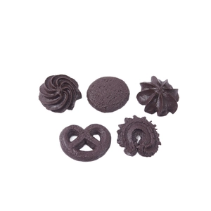 Set of five realistic chocolate cookie models in various shapes on white background
