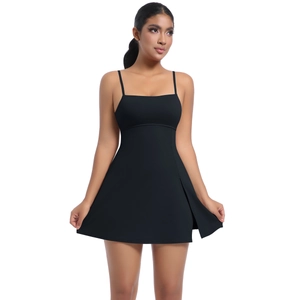 Detail of black sports dress with spaghetti straps, square neck, and side slit detail