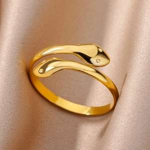Minimalist double snake open ring in 18k gold plated stainless steel on silk