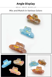 Detailed views of cowboy hat shaped hair claws with star patterns and vintage patterns