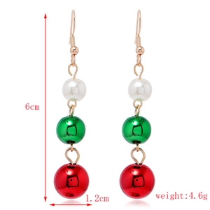 Detailed view of Christmas drop earrings measuring 6cm with pearl and red-green beads