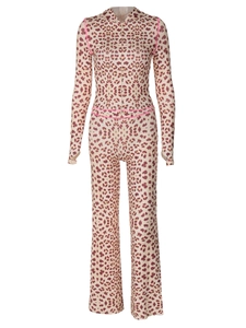 Women's leopard print hooded cardigan and flared pants set with pink contrast stitching