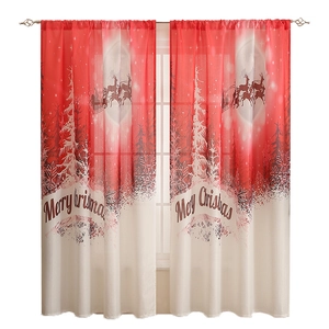Christmas curtains with Santa's sleigh and reindeer print over snowy forest scenery
