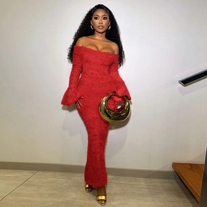 Elegant off-shoulder red faux fur long dress with slim fit and flared long sleeves