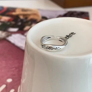 S925 sterling silver smile letter open ring with retro engraved smiley face design