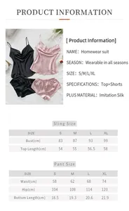 Size guide for imitation silk sleepwear set featuring camisole and shorts measurements