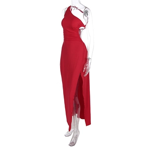 Detail of red one-shoulder maxi dress with waist cutout and side high slit design