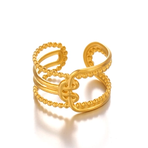 Bague multicouche en acier inoxydable plaqué or 18K avec perles et nœud central