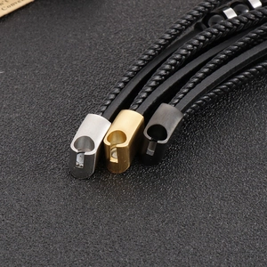 Men's multilayer black braided leather bracelet with magnetic metal clasps in three finishes