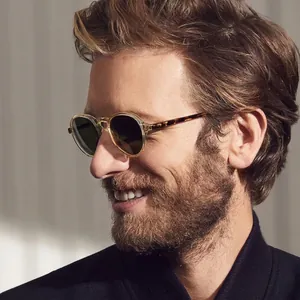 Retro round polarized sunglasses with champagne frames and tortoiseshell temples