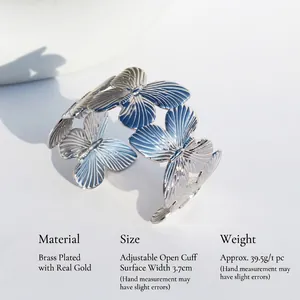 Adjustable silver butterfly wide cuff bracelet in brass with carved metallic texture