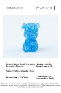 Mini blue crystal resin schnauzer figurine detail with dimensions and material specs