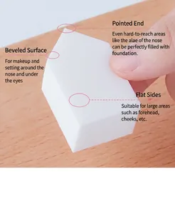 Detail of white house-shaped makeup sponge showing precision tips and flat edges for makeup