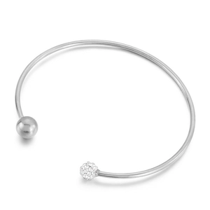 Bracelet jonc ouvert en C argenté avec une perle en acier poli et une perle en cristal