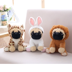 Plush Shar Pei dogs wearing creative hoodies sitting on a sofa in a bright room