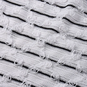 Detail of white mesh lace fabric with black stripes and 3D floral rose appliques