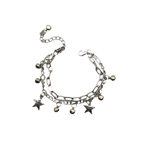 Double-layered silver star bracelet with round beads and I love you engraved charms