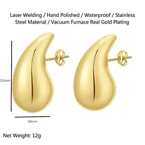 Detailed view of gold stainless steel teardrop earrings with dimensions 31mm by 18mm