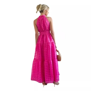 Elegant rose pink sleeveless maxi dress with plaid texture and tiered skirt back view