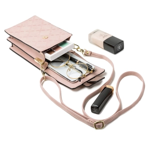 Pink textured leather mini crossbody phone bag with gold hardware and multi compartments
