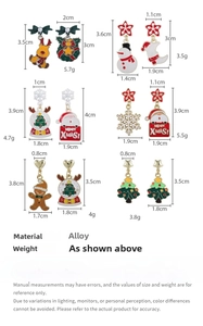 Size chart for Christmas enamel earrings featuring dimensions for Santa, reindeer and snowman
