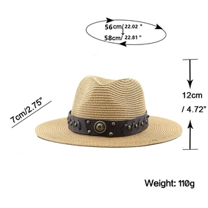 Straw beach hat with brown accessory band and metal buckle for sun protection
