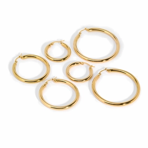 Three pairs of various size hollow 18k gold plated stainless steel hoop earrings for women