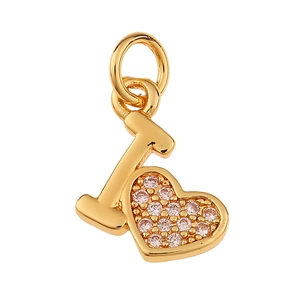 Detailed view of gold letter I and crystal heart charm pendant for DIY jewelry