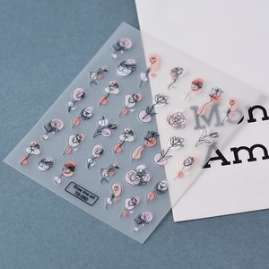 Minimalist 3D rose line art nail stickers with pink abstract patterns and adhesive backing