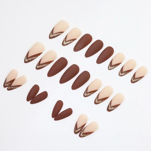 Brown almond press-on nails set with matte finish and gold glitter French V-shape design