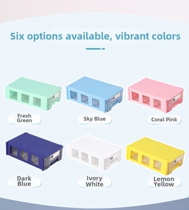 Detailed view of stackable plastic organizer drawers in six vibrant colors with clear windows