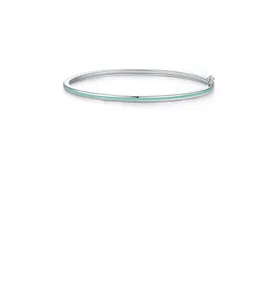 Detail of s925 silver minimalist bangle featuring mint green enamel and side clasp