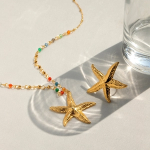 Golden starfish jewelry set with colorful beads necklace and adjustable ring set
