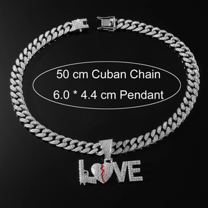 Iced out silver Cuban chain with LOVE heart pendant for men hip hop jewelry style