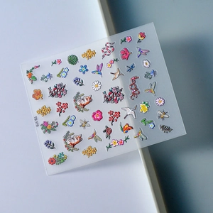 5D embossed nail art stickers with 3D floral and hummingbird designs model TS-175