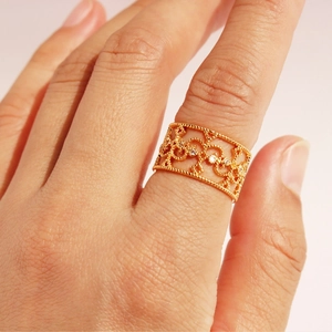 French vintage gold open wide ring with hollow lace design and sparkling zircon stones