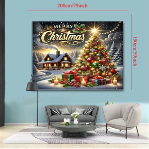 Christmas tapestry with glowing tree and snow scene, 200x150cm holiday wall decor