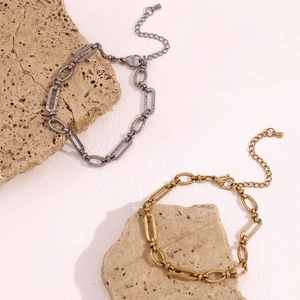 Detail of 14K gold and silver stainless steel paperclip chain with lobster clasp on stones