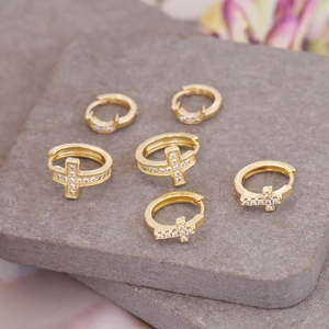 Huggie Hoop Earrings Cross Moon Charms Copper 18K Gold Plated Micro Pave Cubic Zirconia Small Dainty Jewelry Women