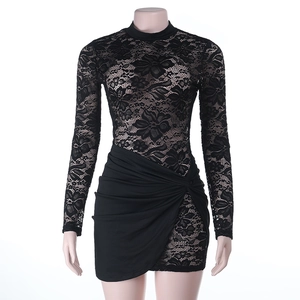 Elegant black lace long sleeve bodycon dress with asymmetric ruffles and sheer mesh detail